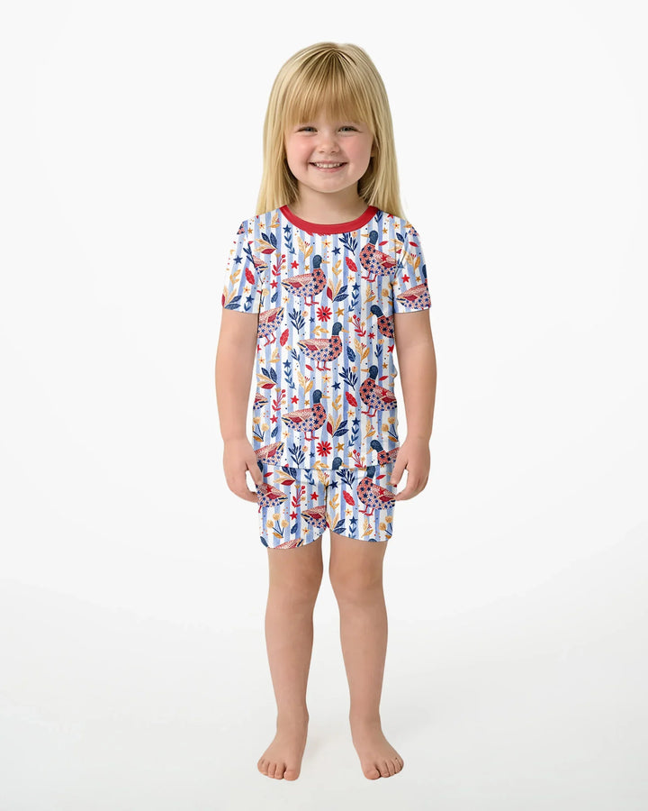 Patriotic Mallard Duck Bamboo Two Piece Short Sleeve Shorts Pajama Set