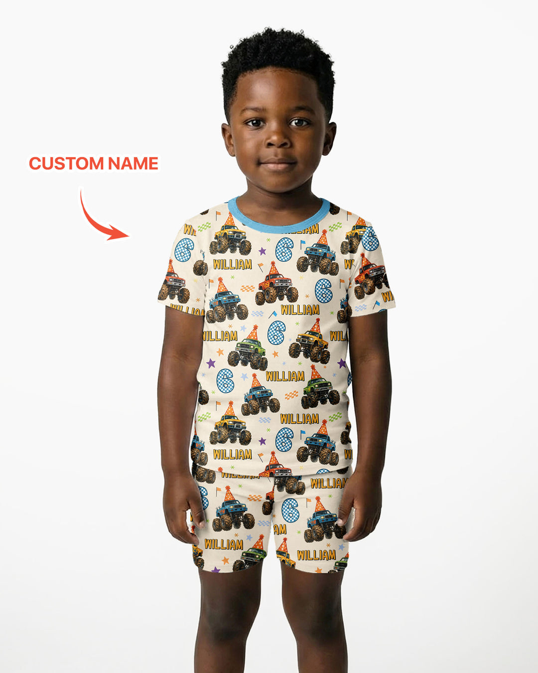 Custom Name Birthday Boy Monster Truck Bamboo Two Piece Short Sleeve Shorts Pajama Set