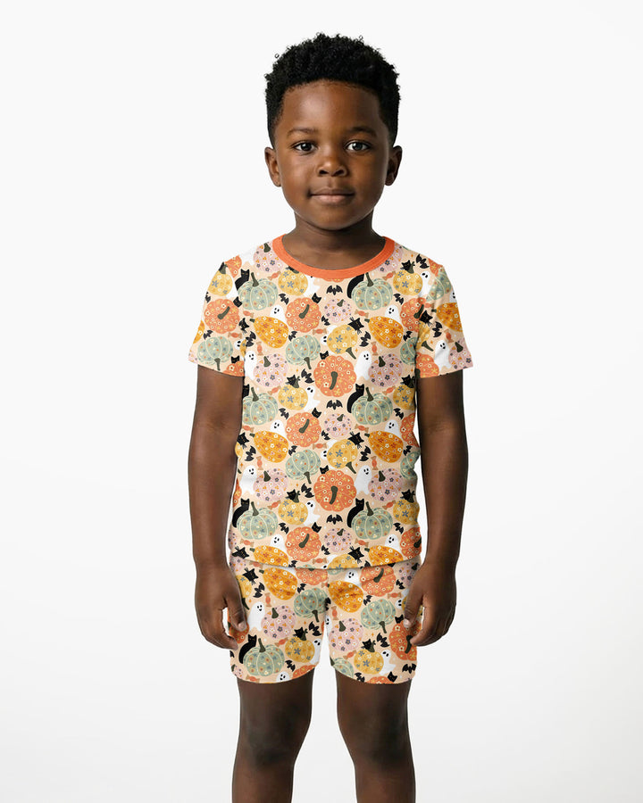 Floral Pumpkin Ghost Halloween Bamboo Two Piece Short Sleeve Shorts Pajama Set