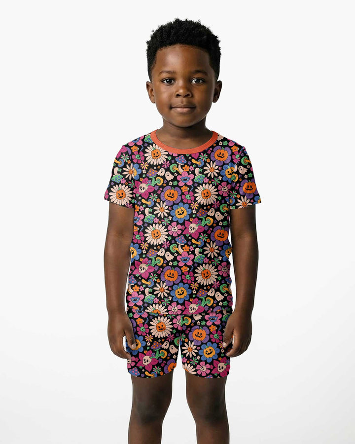 Halloween Flowers Bamboo Two Piece Short Sleeve Shorts Pajama Set
