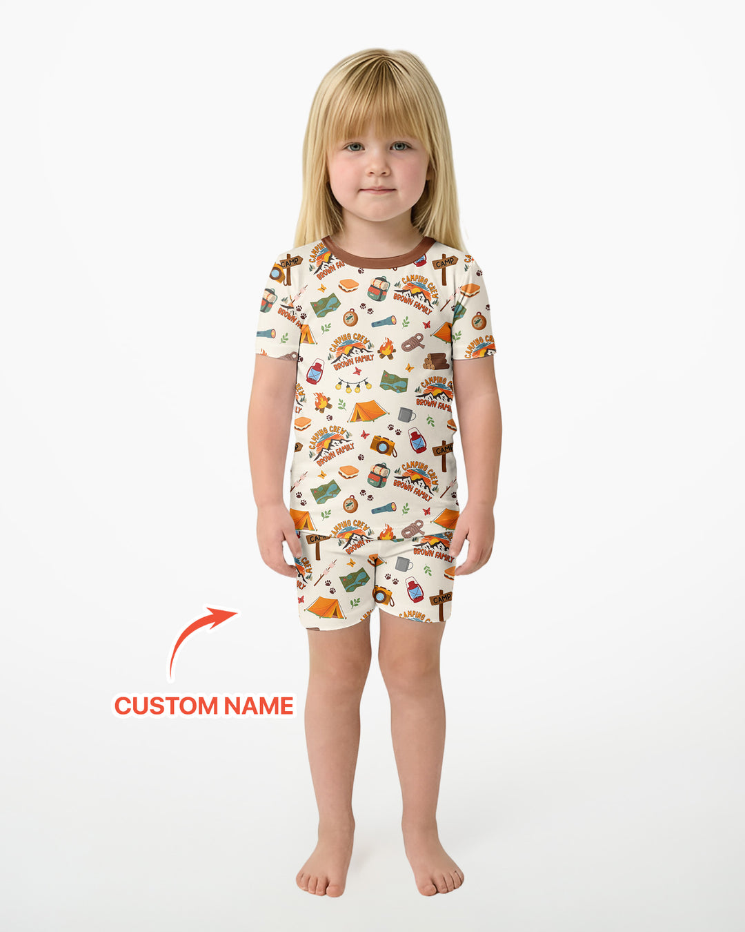 Custom Name Camping Crew Family Matching Bamboo Two Piece Short Sleeve Shorts Pajama Set