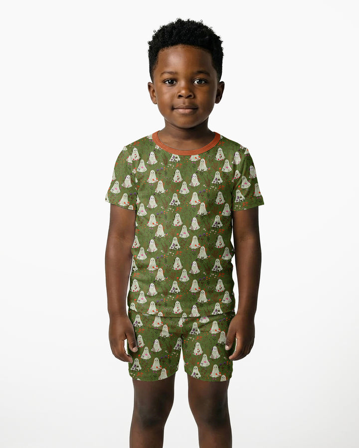 Cute Ghost Halloween Moss Green Floral Bamboo Two Piece Short Sleeve Shorts Pajama Set