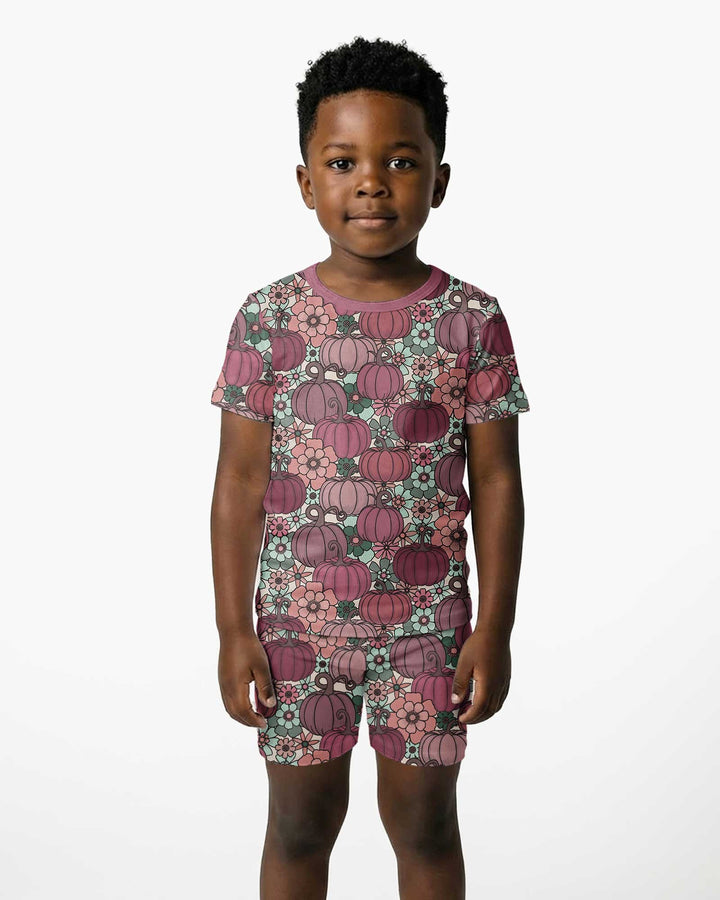 Retro Floral Pumpkin Patch Bamboo Two Piece Short Sleeve Shorts Pajama Set