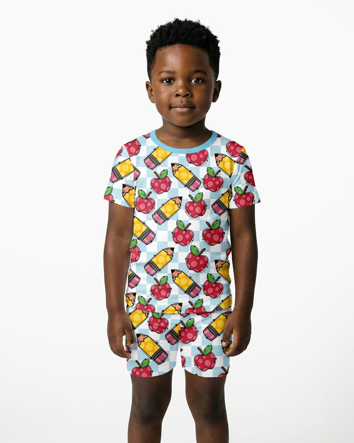 Checkered Apple Scribbles Bamboo Two Piece Short Sleeve Shorts Pajama Set