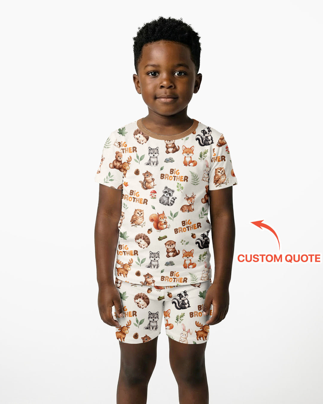 Custom Quote Woodland Animal Matching Sibling Bamboo Two Piece Short Sleeve Shorts Pajama Set