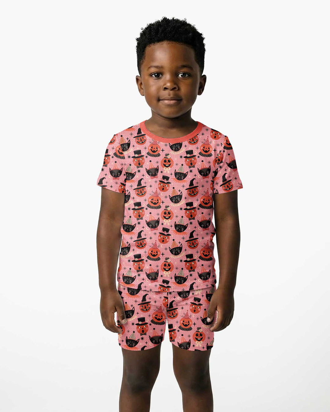 Retro Halloween Cats and Funny Pumpkins Bamboo Two Piece Short Sleeve Shorts Pajama Set