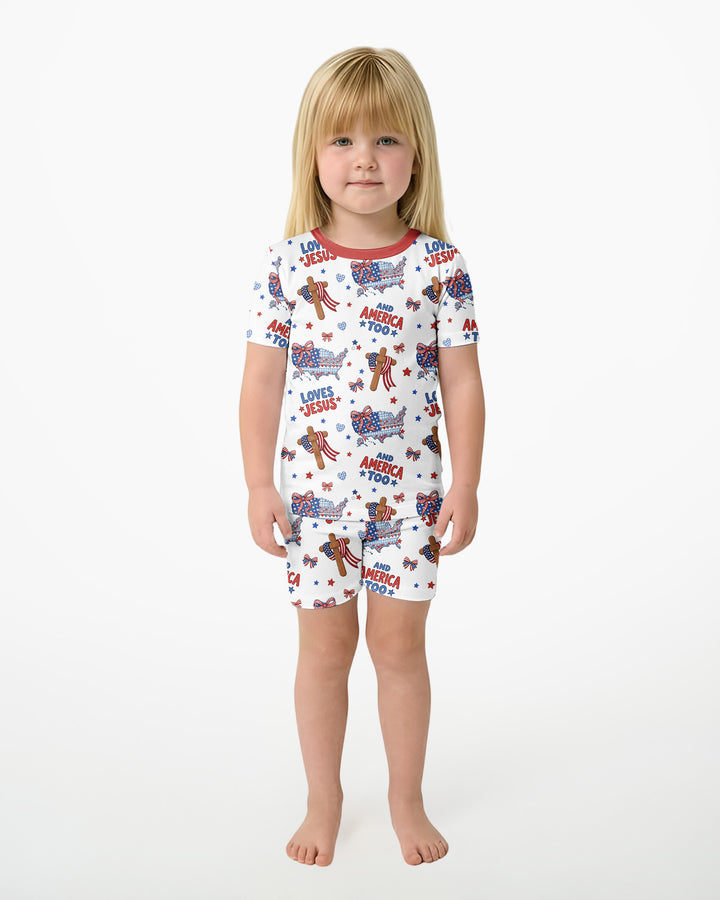 Loves Jesus And America Too Bamboo Two Piece Short Sleeve Shorts Pajama Set