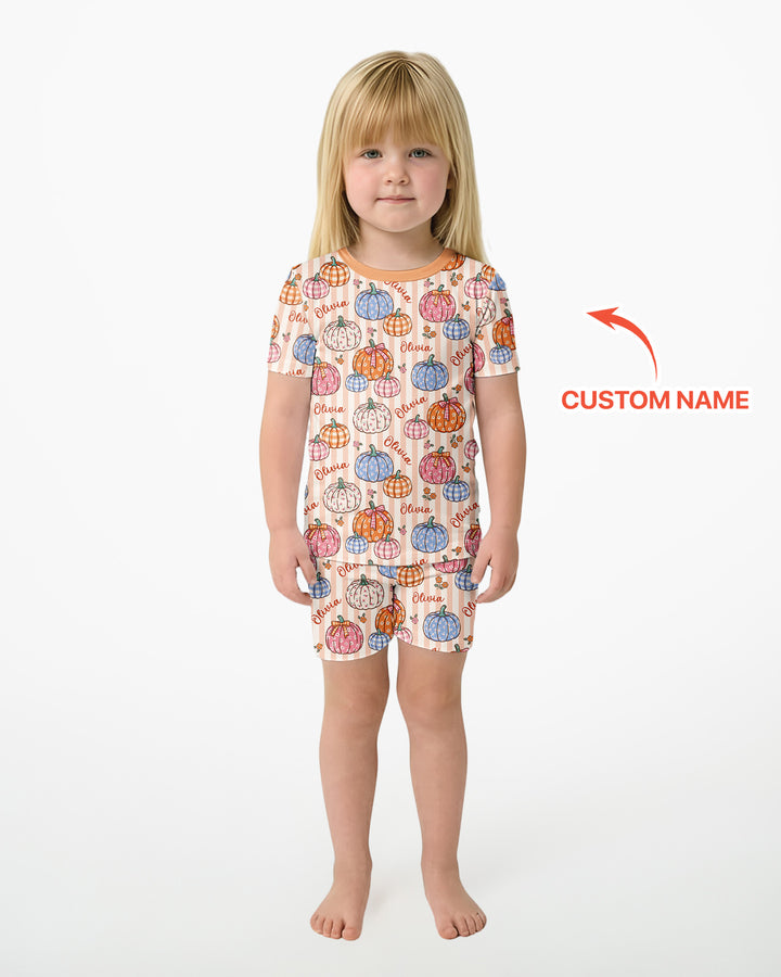 Custom Name Pumpkin Patch Bamboo Two Piece Short Sleeve Shorts Pajama Set