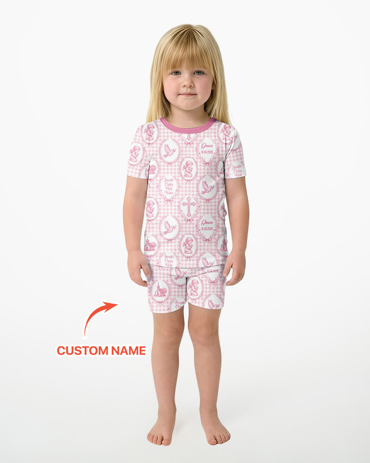 Custom Name Baptism Straight Outta Holy Water Bamboo Two Piece Short Sleeve Shorts Pajama Set