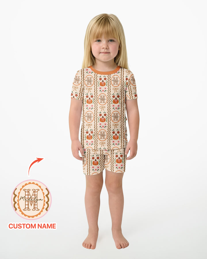Custom Name Pumpkin Cottage Bamboo Two Piece Short Sleeve Shorts Pajama Set