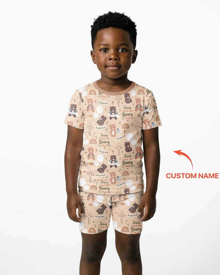 Custom Name Jesus Loves Me Beary Much Bamboo Two Piece Short Sleeve Shorts Pajama Set