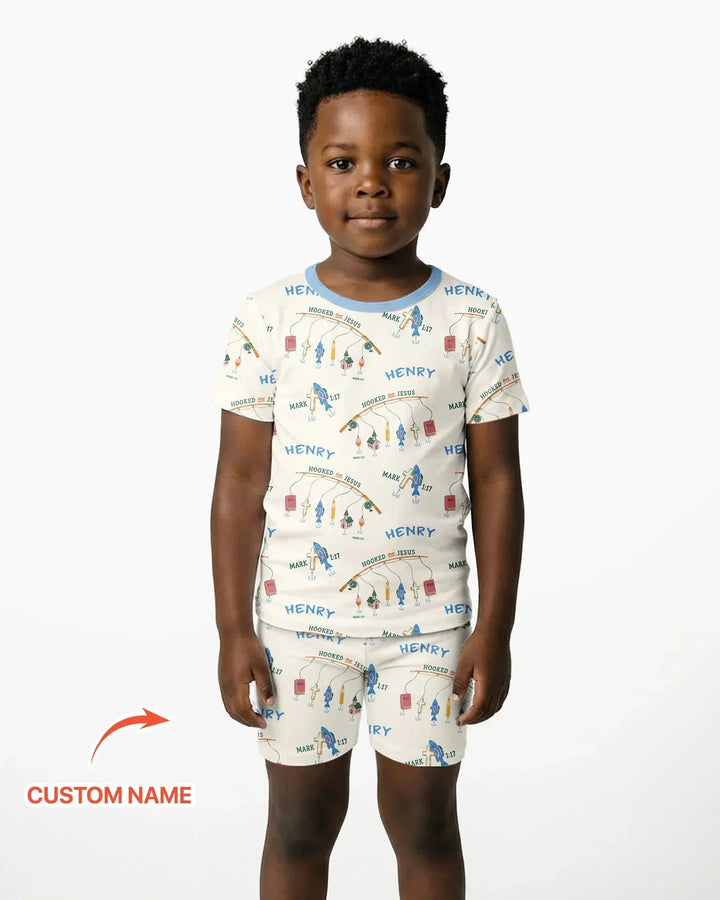 Hooked On Jesus Fishing Matching Bamboo Two Piece Short Sleeve Shorts Pajama Set