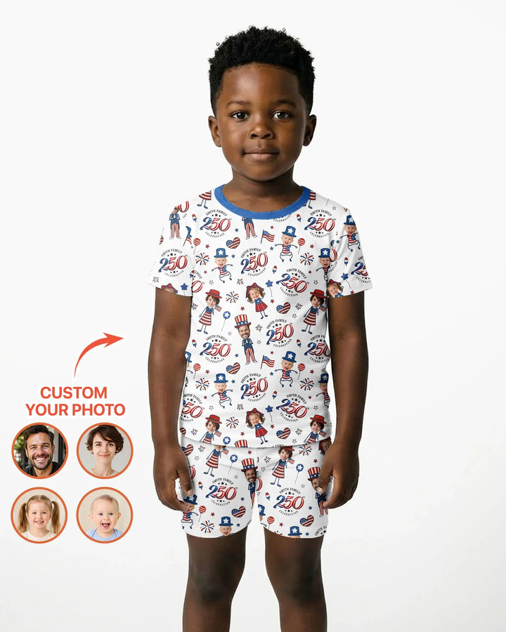 Custom Photo Smith Family Celebration Bamboo Two Piece Short Sleeve Shorts Pajama Set