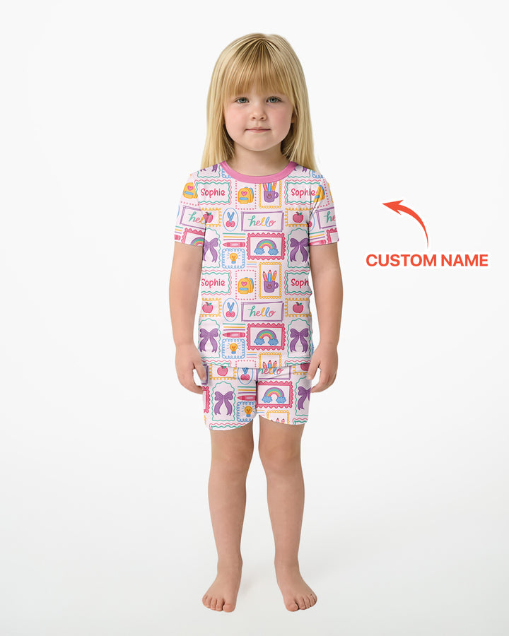Custom Name Hello School Bamboo Two Piece Short Sleeve Shorts Pajama Set