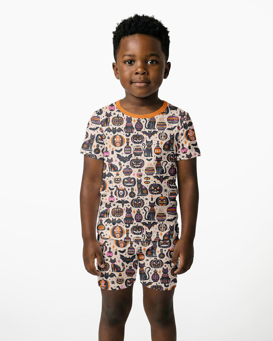 Whimsical Tribal Retro Halloween Black Cats Pumpkins Bamboo Two Piece Short Sleeve Shorts Pajama Set