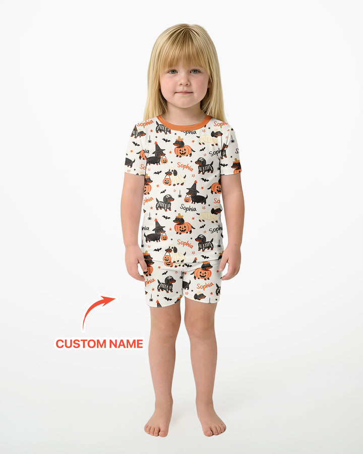 Orange and Black Dachshund Bamboo Two Piece Short Sleeve Shorts Pajama Set