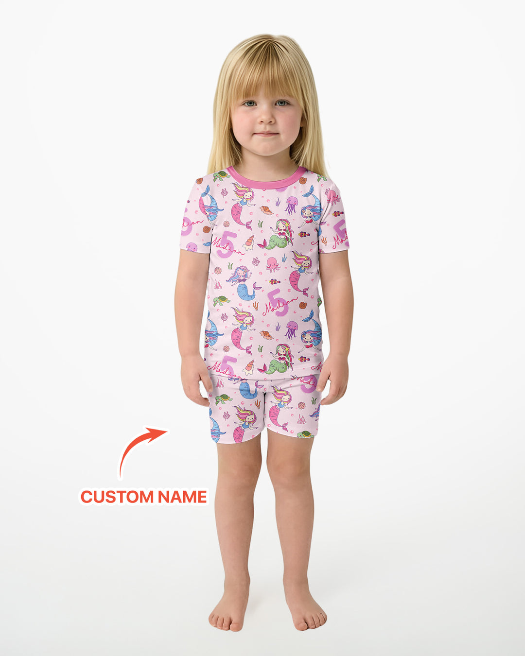 Custom Name Birthday Mermaid Bamboo Two Piece Short Sleeve Shorts Pajama Set