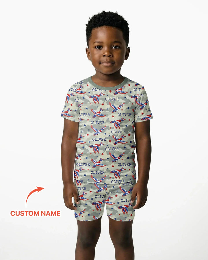 Custom Name America Mallard Duck Family Matching Bamboo Two Piece Short Sleeve Shorts Pajama Set