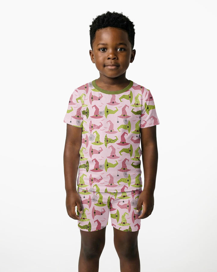 Pink Witch Hat Halloween Bamboo Two Piece Short Sleeve Shorts Pajama Set