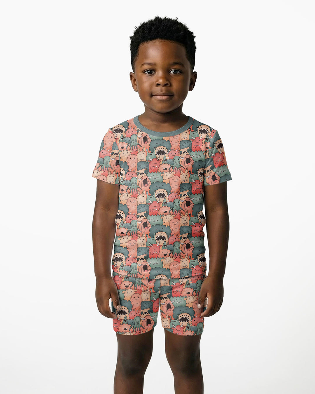 Cute Monster Crowd Bamboo Two Piece Short Sleeve Shorts Pajama Set