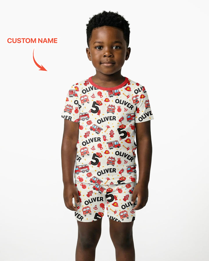 Custom Name Fire Truck Birthday Boy Bamboo Two Piece Short Sleeve Shorts Pajama Set