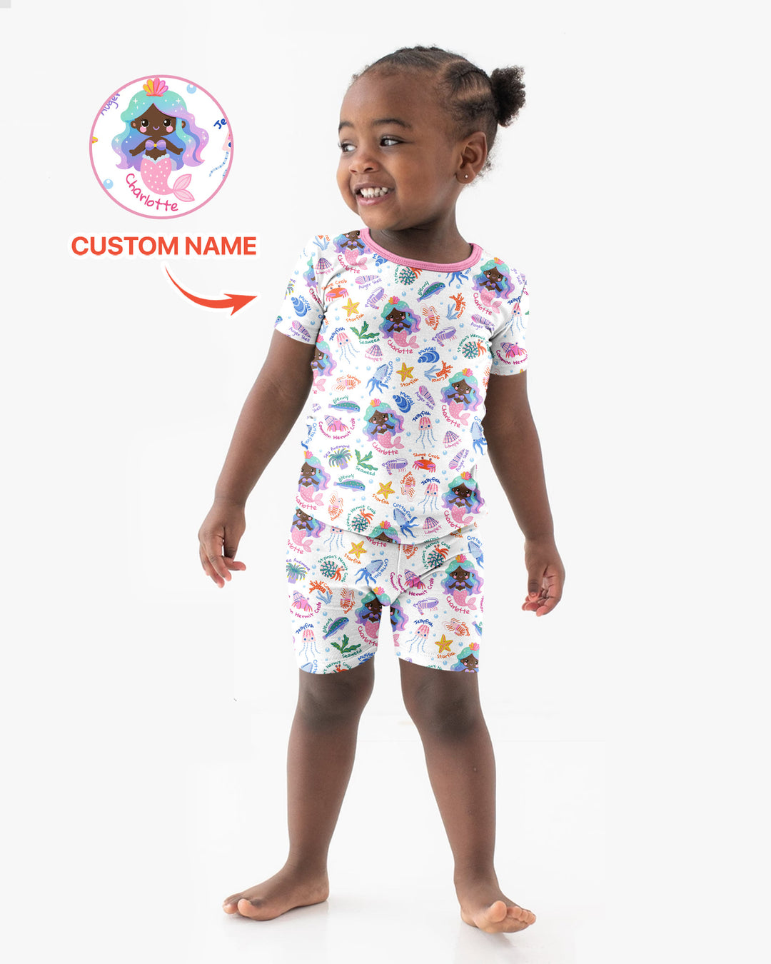 Personalized Cute Mermaid Bamboo Two Piece Short Sleeve Shorts Pajama Set