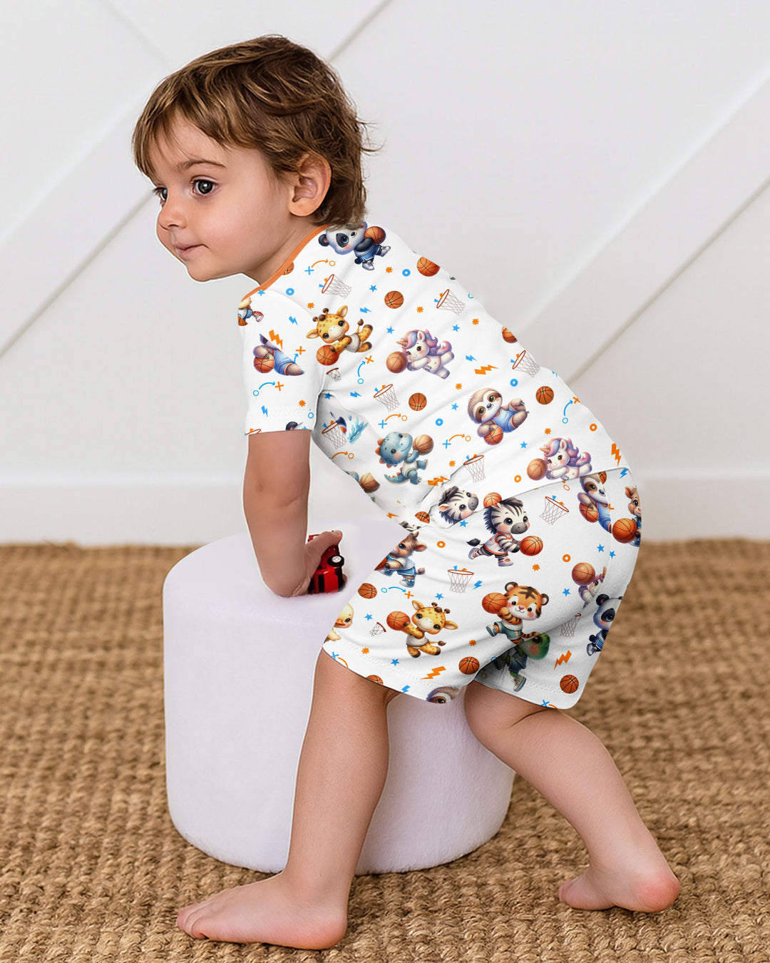 Cartoon Basketball Animals Bamboo Two Piece Short Sleeve Shorts Pajama Set