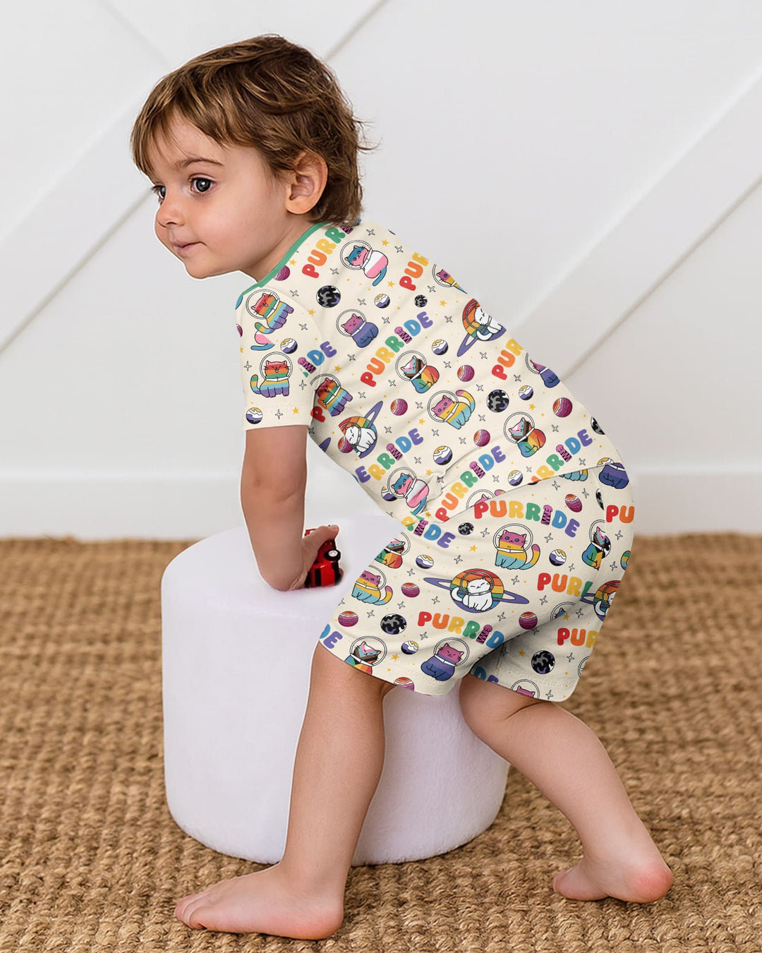 Rainbow Space Cats Family Matching Bamboo Two Piece Short Sleeve Shorts Pajama Set
