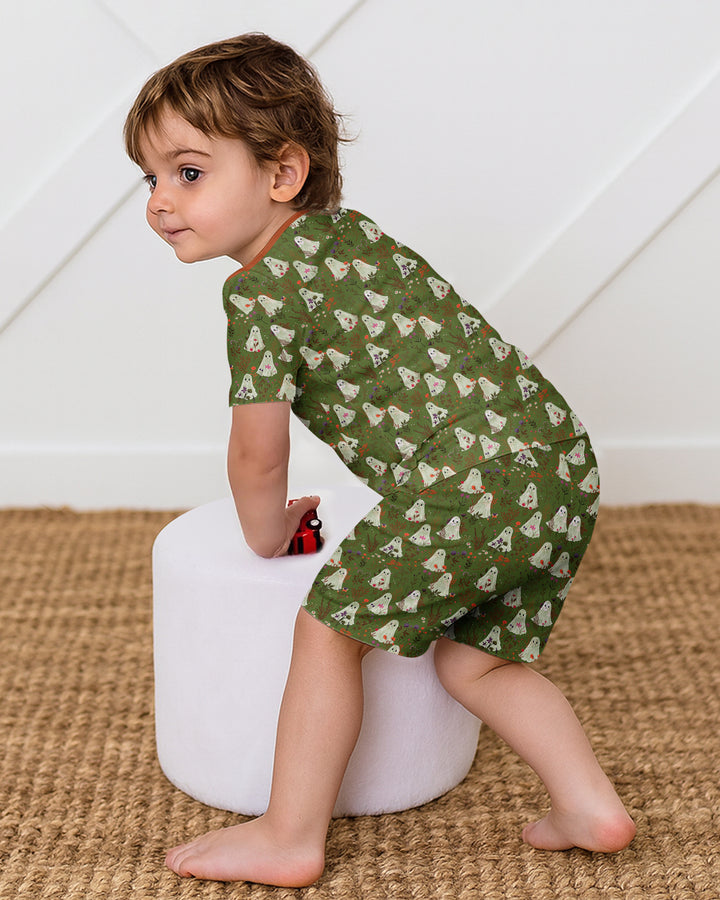 Cute Ghost Halloween Moss Green Floral Bamboo Two Piece Short Sleeve Shorts Pajama Set