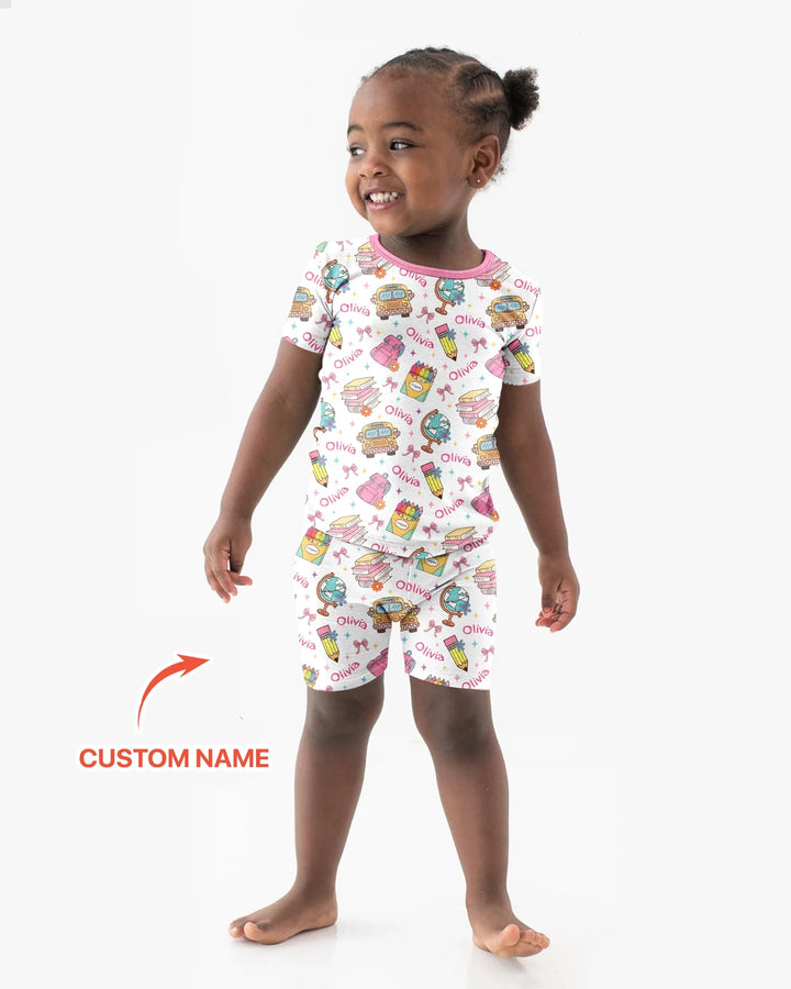 Custom Name Back To School Bamboo Two Piece Short Sleeve Shorts Pajama Set