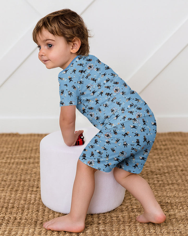 Hockey Dogs - Blue and Black Bamboo Two Piece Short Sleeve Shorts Pajama Set