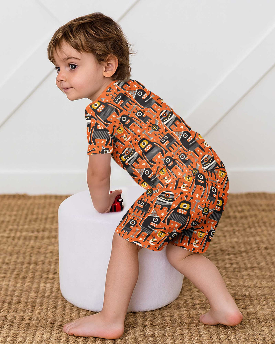 Mid Century Halloween Monster Toss Bamboo Two Piece Short Sleeve Shorts Pajama Set