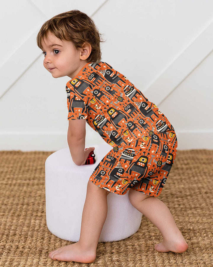 Mid Century Halloween Monster Toss Bamboo Two Piece Short Sleeve Shorts Pajama Set