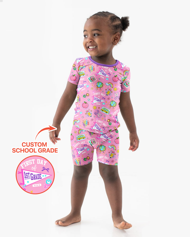 Custom Grade Girls School First Day Bamboo Two Piece Short Sleeve Shorts Pajama Set