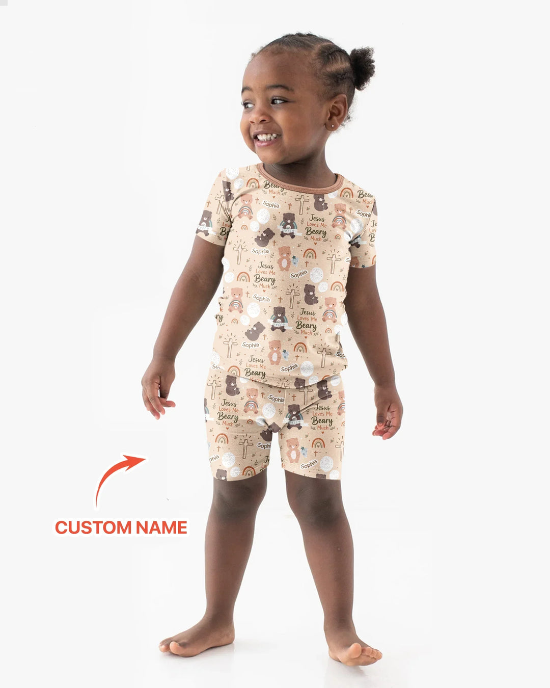 Custom Name Jesus Loves Me Beary Much Bamboo Two Piece Short Sleeve Shorts Pajama Set