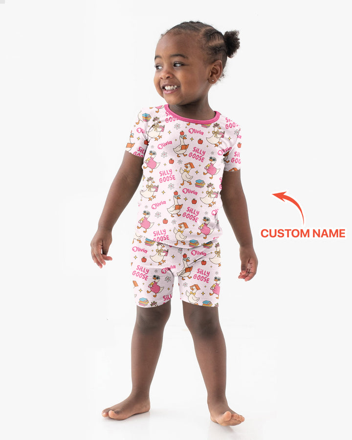 Custom Name Silly Goose Back to School Bamboo Two Piece Short Sleeve Shorts Pajama Set