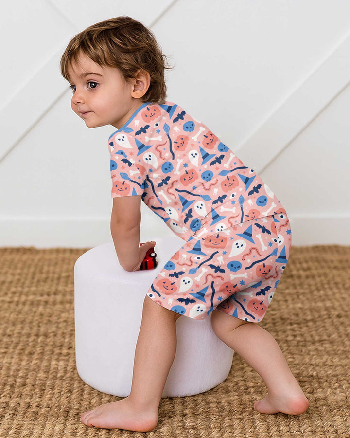 Pastel Pumpkins Skulls And Witch Craft Bamboo Two Piece Short Sleeve Shorts Pajama Set