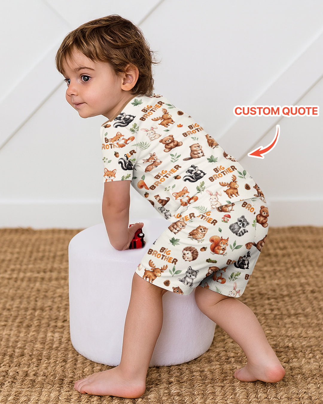 Custom Quote Woodland Animal Matching Sibling Bamboo Two Piece Short Sleeve Shorts Pajama Set