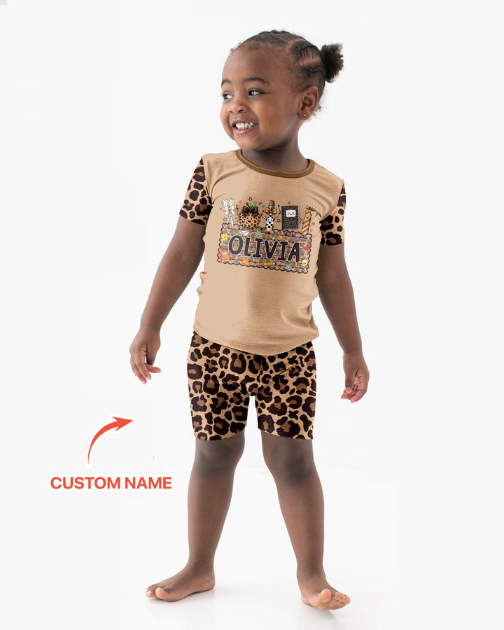 Custom Name School Sweetheart Leopard Bamboo Two Piece Short Sleeve Shorts Pajama Set