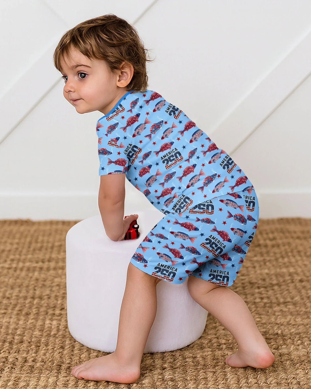 Stars and Stripes Fish Bamboo Two Piece Short Sleeve Shorts Pajama Set