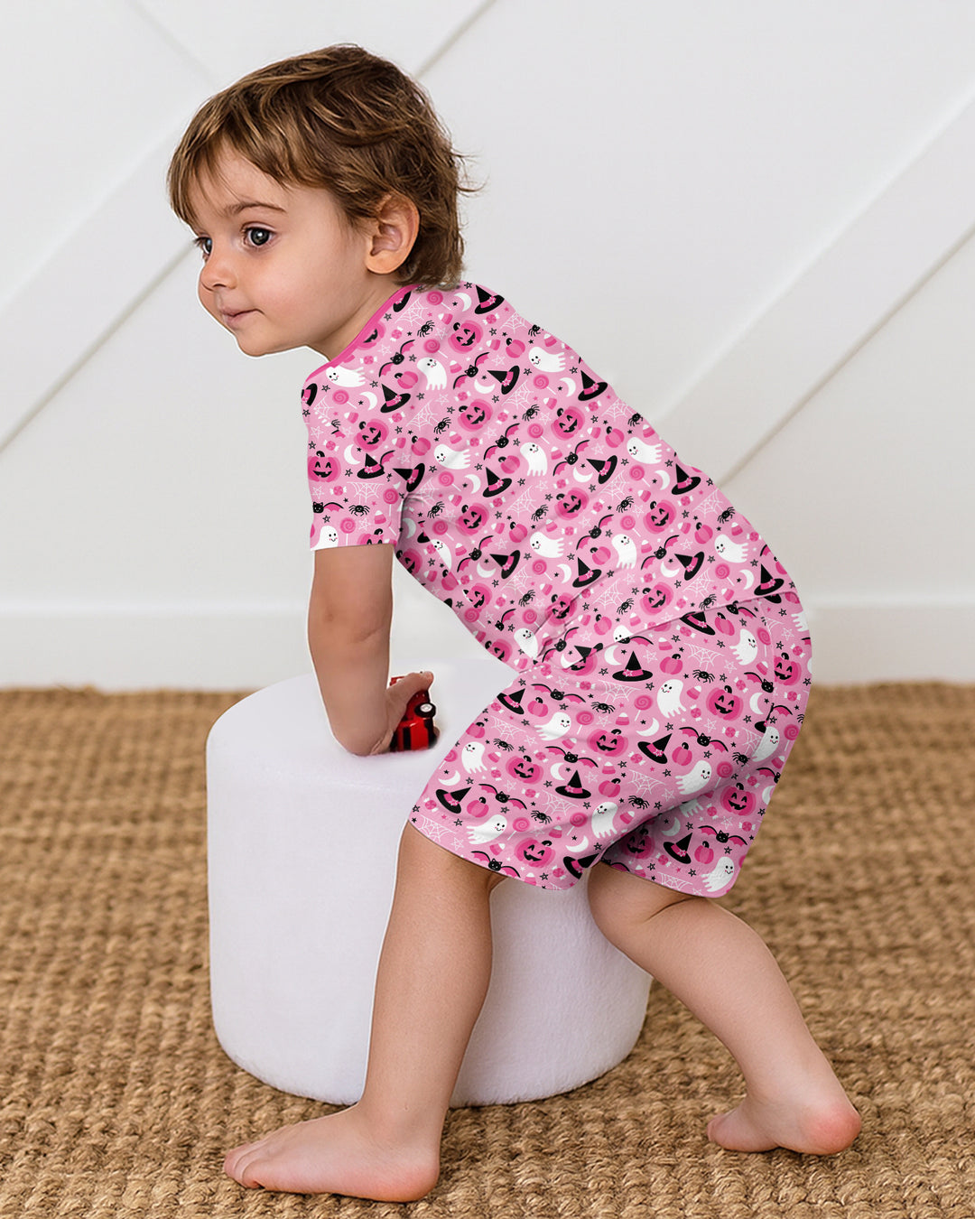 Cute Pink Halloween Ghost Pumpkin Witch Bamboo Two Piece Short Sleeve Shorts Pajama Set