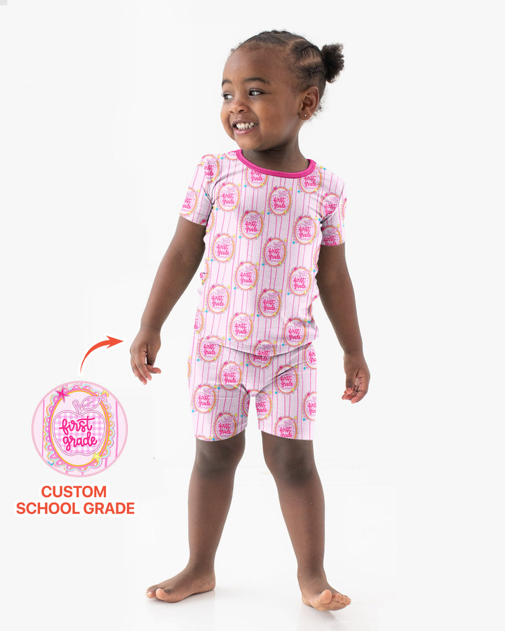 Custom Grade School Sweetie Bamboo Two Piece Short Sleeve Shorts Pajama Set