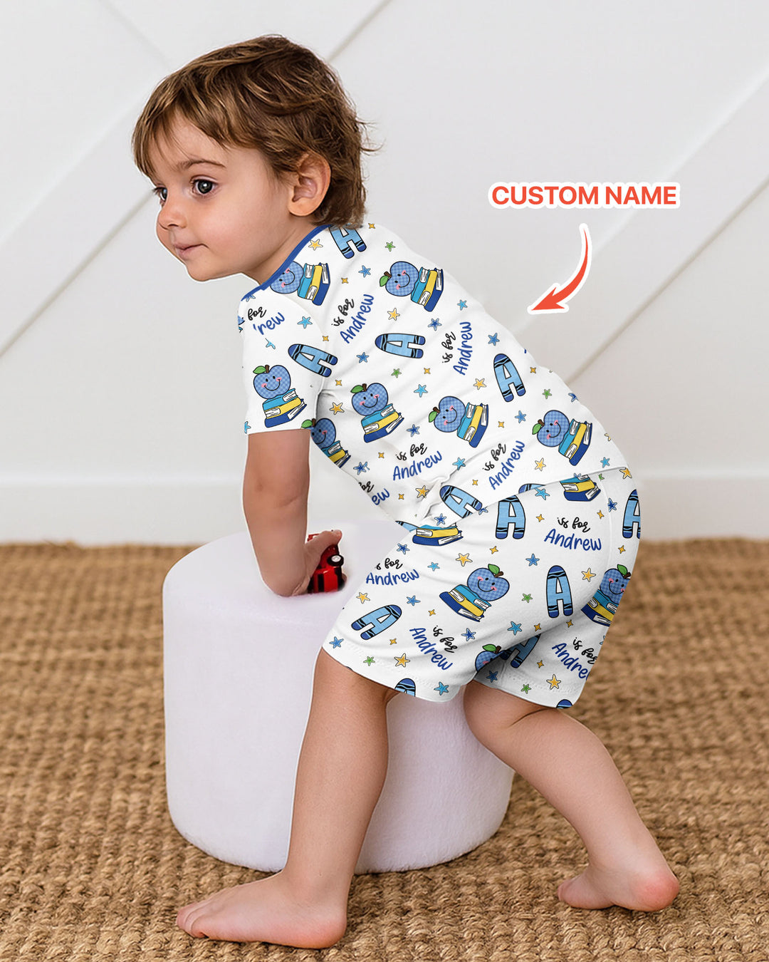 Custom Name Crayon Alphabet Bamboo Two Piece Short Sleeve Shorts Pajama Set