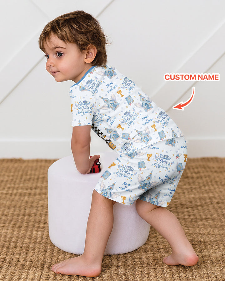 Custom Name Baptism Christening Straight Outta Holy Water Bamboo Two Piece Short Sleeve Shorts Pajama Set