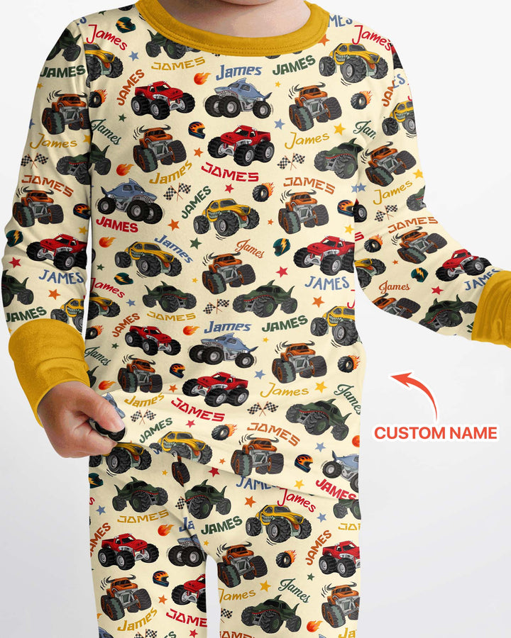 Personalized Monster Truck Bamboo Two Piece Long Sleeve Pajama Set
