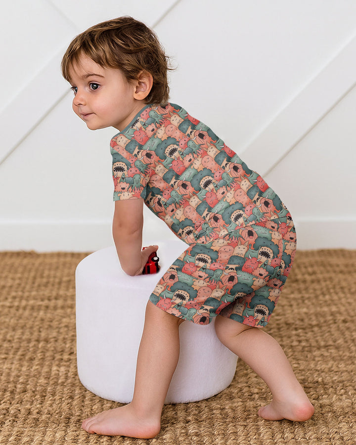 Cute Monster Crowd Bamboo Two Piece Short Sleeve Shorts Pajama Set