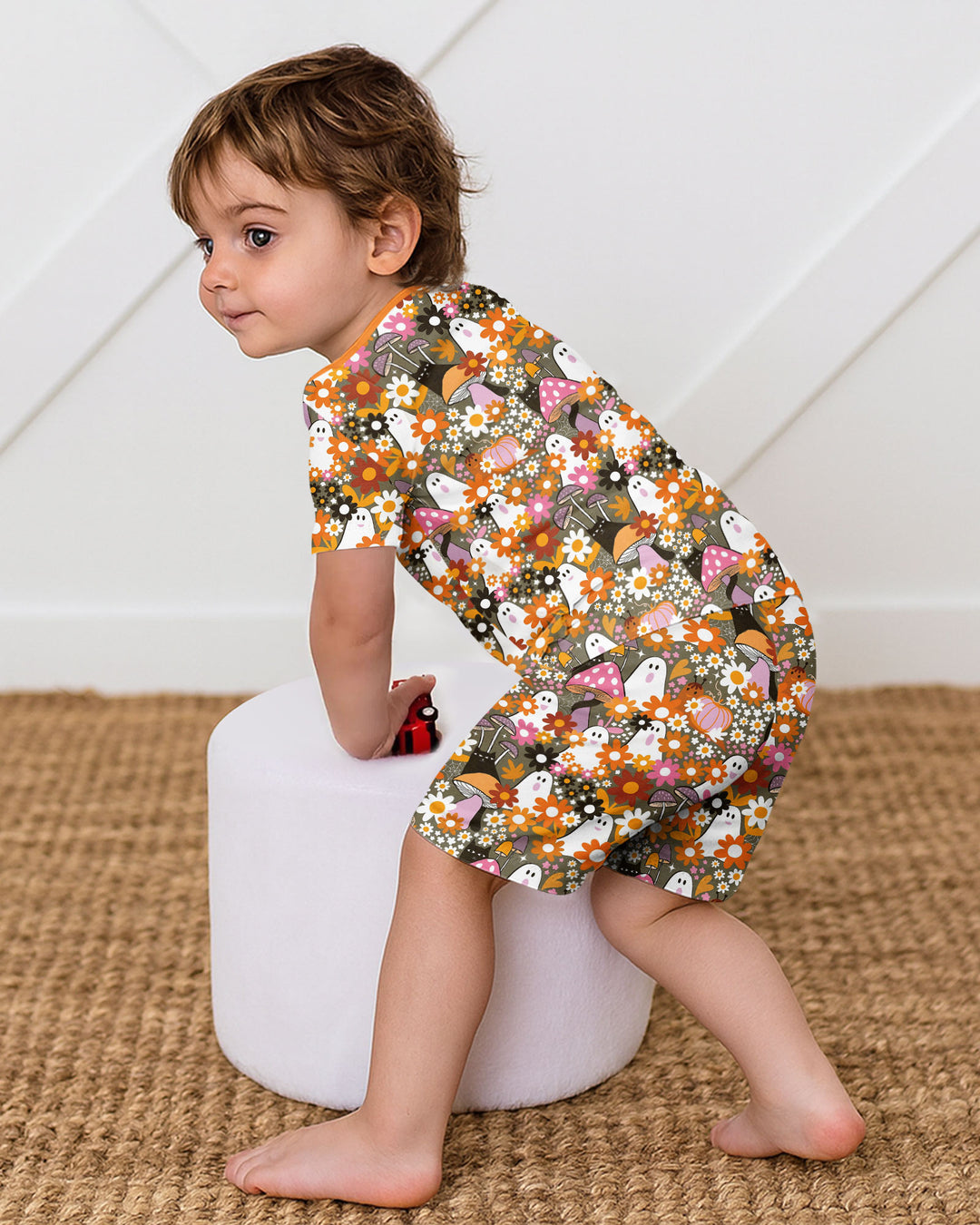Retro Ghost Mushroom Floral Halloween Bamboo Two Piece Short Sleeve Shorts Pajama Set