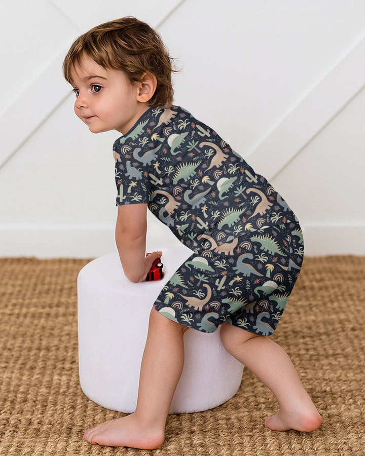 Navy Jurassic Jungle Bamboo Two Piece Short Sleeve Shorts Pyjamas Set