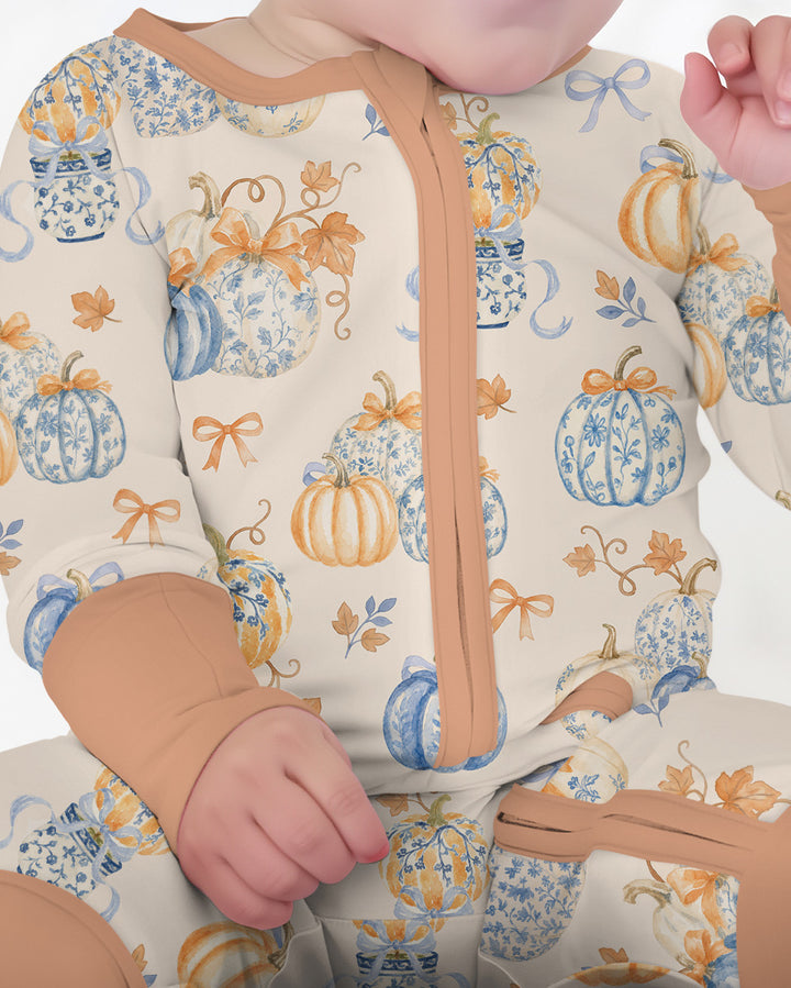 Preppy Blue and Orange Chinoiserie Pumpkin Bamboo Convertible Zippy