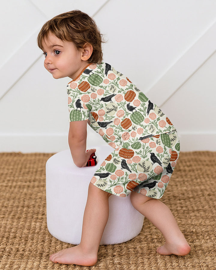 Country Crows with Mums and Pumpkins Bamboo Two Piece Short Sleeve Shorts Pajama Set